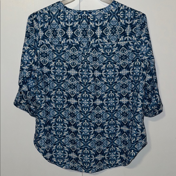 Cathy Petite Linen Button Down Top Blouse Blue Boho Print Women’s P Large - Picture 5 of 9
